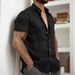 Men's Cotton-Linen Short Sleeve Shirt – Relaxed Fit V-Neck Casual Top (White/Black/Red, S-XXXL)_viptrois.com