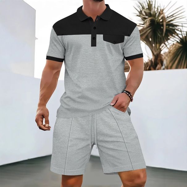 Men's Waffle Knit Short Sleeve Shirt & Shorts Set - Lapel Collar With Pocket, Summer Casual Matching Outfit_viptrois.com