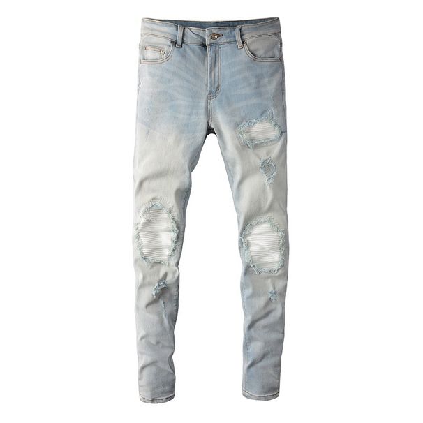 Men's Clothing Washed Cat Whisker Wrinkled Holes White Patchwork Elastic Slim Fit Skinny Jeans_viptrois.com
