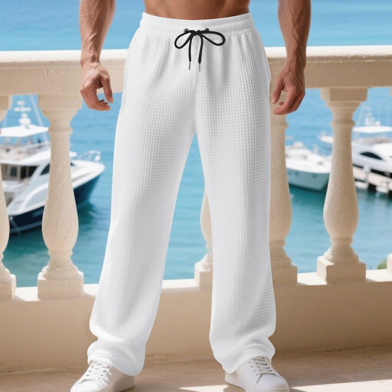 Men's Clothing Men's Casual Trousers Autumn Winter Straight Leg Athletic Pants Simple Drawstring Jacquard Waffle Pattern Solid Color Style_viptrois.com
