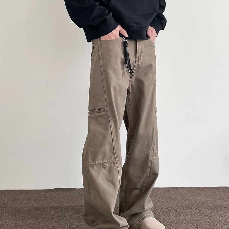 Men's Clothing Retro Maillard Brown Multi Pocket Workwear Jeans High Street Straight Flared Cleanfit Pants_viptrois.com