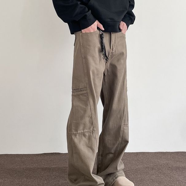 Men's Clothing Retro Maillard Brown Multi Pocket Workwear Jeans High Street Straight Flared Cleanfit Pants_viptrois.com