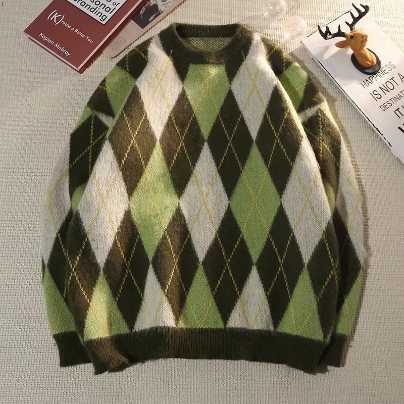 Pure 2023 Green Diamond Pattern Knitted Men's Korean Loose Pullover Round Neck Lazy Style Color Block Versatile Sweater_viptrois.com