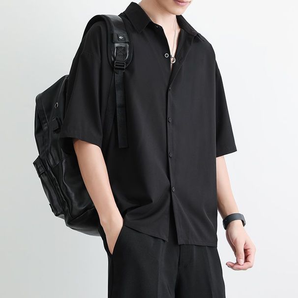 Ice Silk Stretch Short Summer Men's Casual Inner Layer High-end Cool Style Five-point Sleeve Black Shirt_viptrois.com