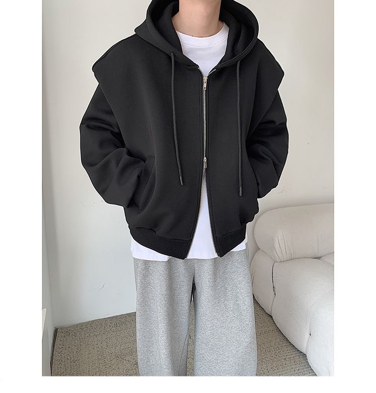 Large silhouette double-layer composite shoulder padded sweatshirt men's coat hooded cardigan jacket top trend_viptrois.com