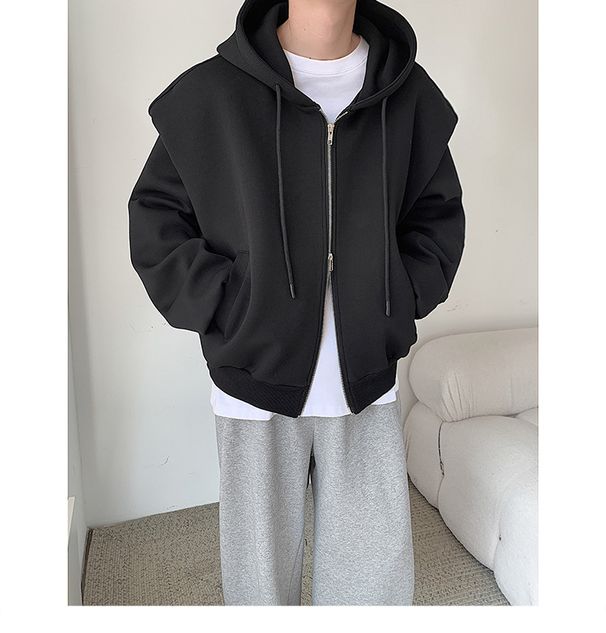 Large silhouette double-layer composite shoulder padded sweatshirt men's coat hooded cardigan jacket top trend_viptrois.com