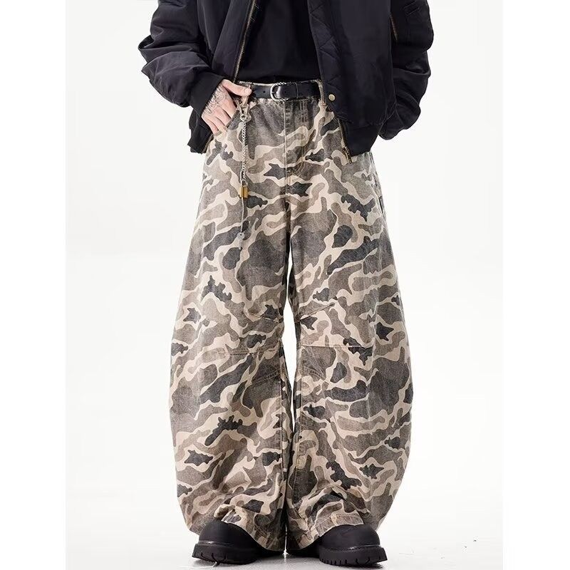 Men's Clothing High Street Stitching Camouflage Jeans Men's Two Piece Distressed Washed Hip Hop Trend Personality Straight Trousers_viptrois.com
