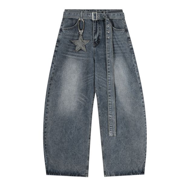 Men's Loose Fit American Street Style Washed Scythe Jeans With Belt And Pentagram Pendant, Wide Leg Pants_viptrois.com