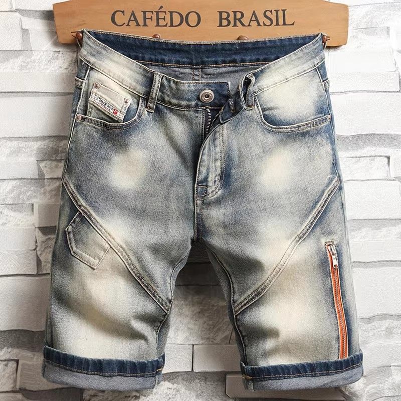 Men's Clothing Retro Distressed Denim Shorts Men's Trendy Brand Ins Motorcycle Washed Casual Stretch Shorts Zipper Decorated Shorts_viptrois.com