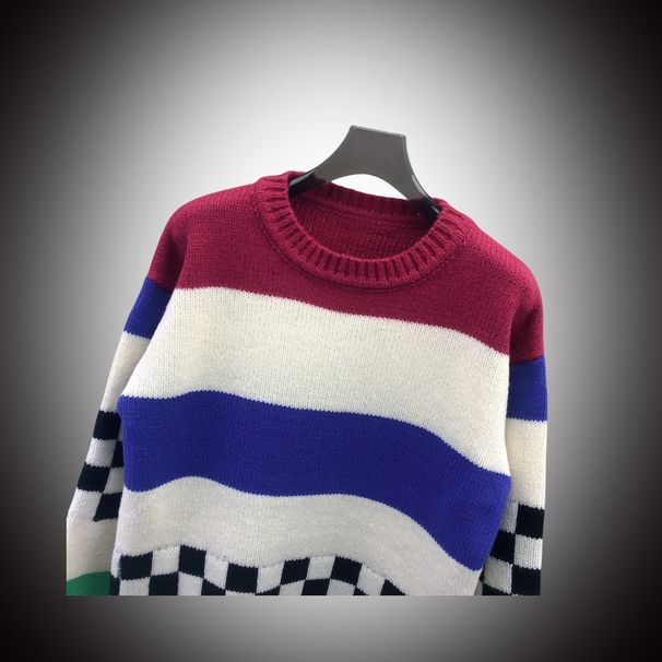 Loom Autumn Winter New European American Cross-Border Men's Casual Round Neck Sweater Rh Plaid Contrast Color Jacquard Loose_viptrois.com