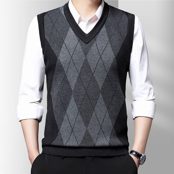 Men's Knitted Wool Vest Sweater V-Neck Diamond Pattern Thickened Sleeveless Pullover For Autumn Winter_viptrois.com