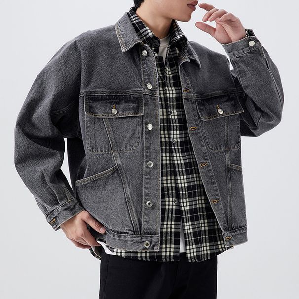 Men's Denim Jacket 2025 New Single Breasted Large Pocket Coats 2-colors American Vintage Casual Workwear Distressed Old Washed_viptrois.com