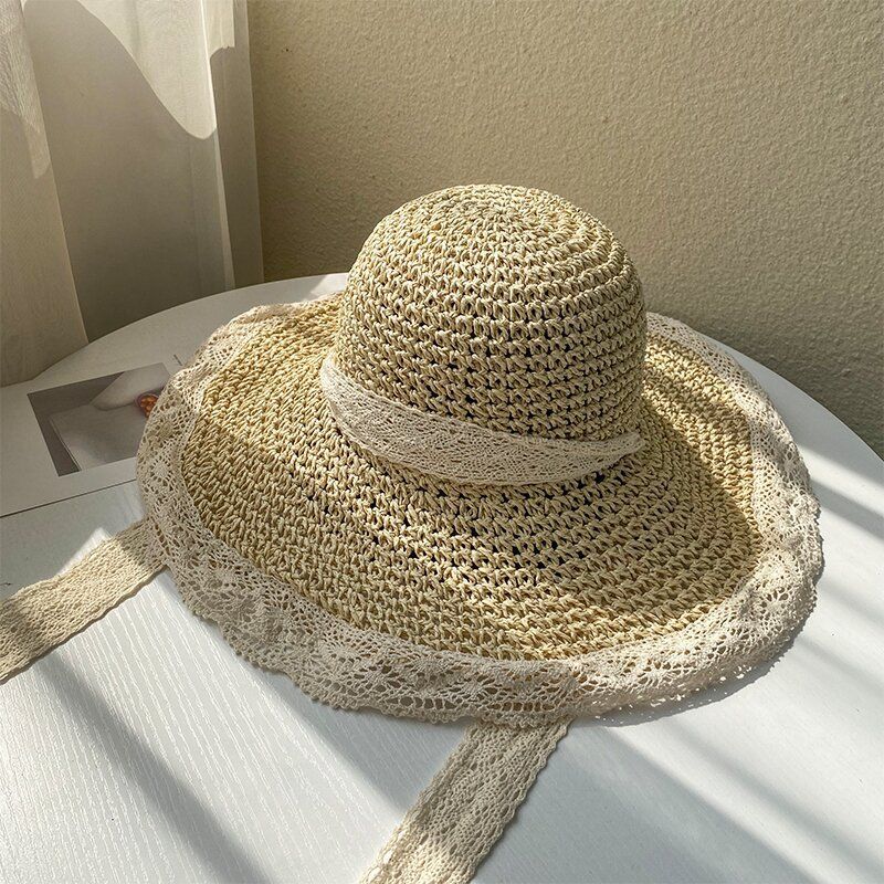 Women's Straw Hat Style Versatile Japanese Summer Thin Breathable Lace Lace Hollow Small Fresh Windproof Rope_viptrois.com