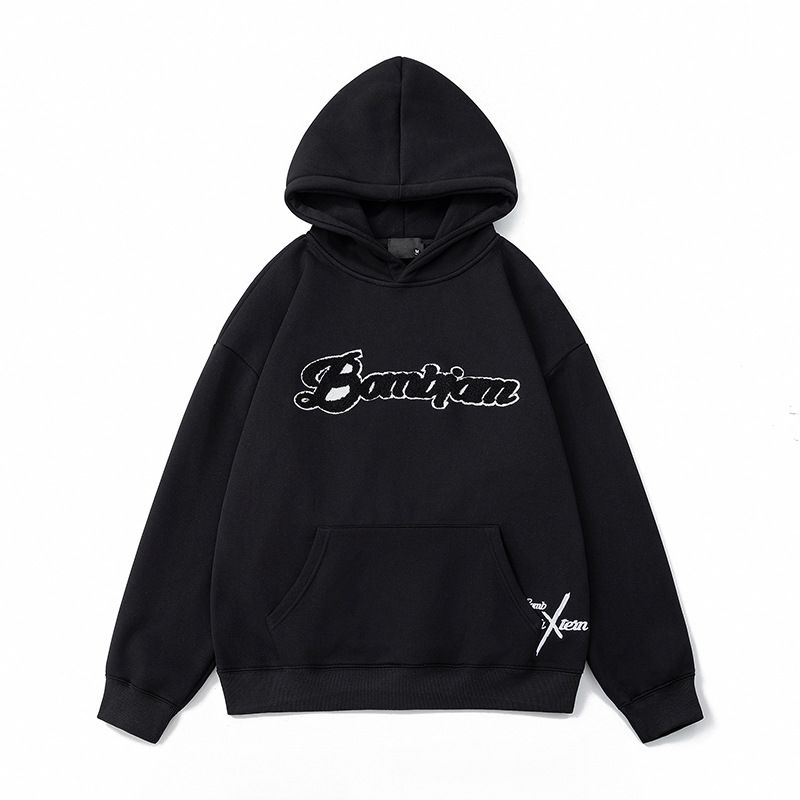 Heavyweight Hoodie – Oversized Pullover Sweatshirt With Embroidered Toweling Fabric (Unisex, M-XXL, Black/Cream)_viptrois.com