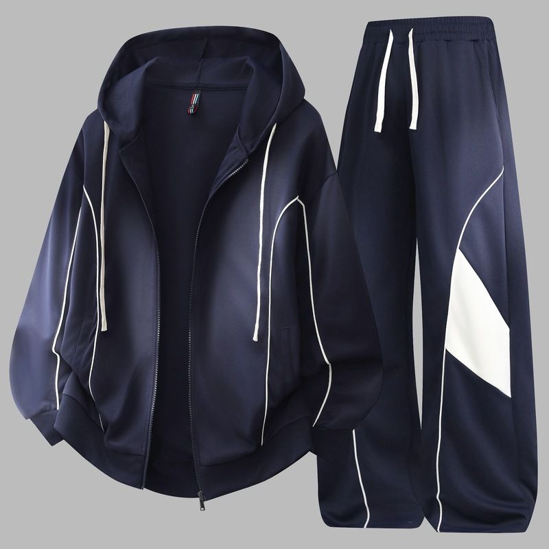 Youth Trendy Hooded Sweatshirt & Jogger Set For Men - Casual Loose Fit Sportswear For Spring & Autumn (Black/Heather Grey/Navy Blue)_viptrois.com