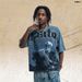 American-style Skull Print Washed Distressed Loose One-piece Cut Short-sleeve T-shirt Vintage_viptrois.com