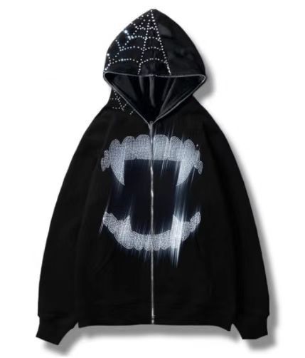 Gothic Skull Rhinestone Hoodie – Unisex Oversized Zip-Up Sweatshirt (Black, S-XXXXL) | Harajuku Streetwear With 3D Crystal Embellishments_viptrois.com