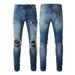 Men's Clothing Washed Cat Whisker Wrinkled Hole Patchwork Leather Elastic Slim Fit Skinny Jeans_viptrois.com
