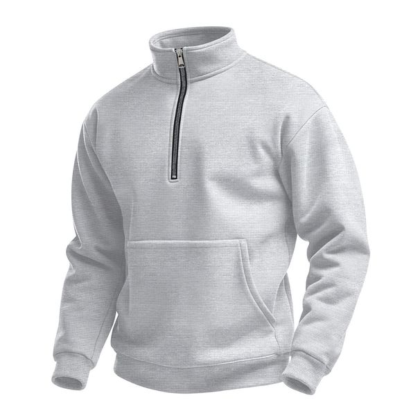 Men's Clothing Waffle Knit Half-Zip High Neck Sweatshirt - Long Sleeve Casual Pullover For Autumn (Black/White/Khaki/Light Gray/Navy Blue)_viptrois.com