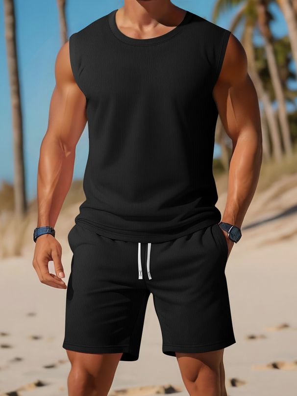 Men's Clothing Running Fitness Wide Shoulder Vest Suit Summer Knitted Vertical Stripes Fitness Sports Fit Suit_viptrois.com