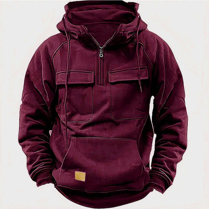 Men's Hooded Fleece Sweatshirt - Casual Streetwear With Contrast Stitching, Relaxed Fit For Autumn & Winter_viptrois.com