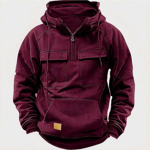Men's Hooded Fleece Sweatshirt - Casual Streetwear With Contrast Stitching, Relaxed Fit For Autumn & Winter_viptrois.com