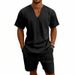 Men's Casual Loose Linen Shorts Set V Neck Short Sleeved Summer Vacation Wear 7 Solid Colors Available_viptrois.com