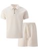 Summer New Men's Jacquard Solid Color Casual Lapel Button Polo Shirt Short Sleeve Shorts Suit_viptrois.com