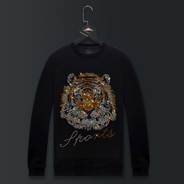 Men's Clothing Tiger Head Hot Diamond Sweatshirt Men's Trendy Large Size Clothes Men's Trendy Ins Round Neck New Jacket_viptrois.com
