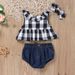 Kid's Clothing Children's Clothing Hot Selling Plaid Top + Denim Shorts + Headdress Three Piece Set_viptrois.com