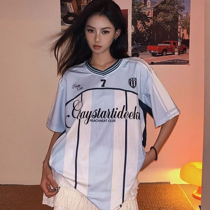 New Sports V-Neck Jersey Short Sleeve American Loose Hip-Hop Style T-Shirt For Men And Women_viptrois.com