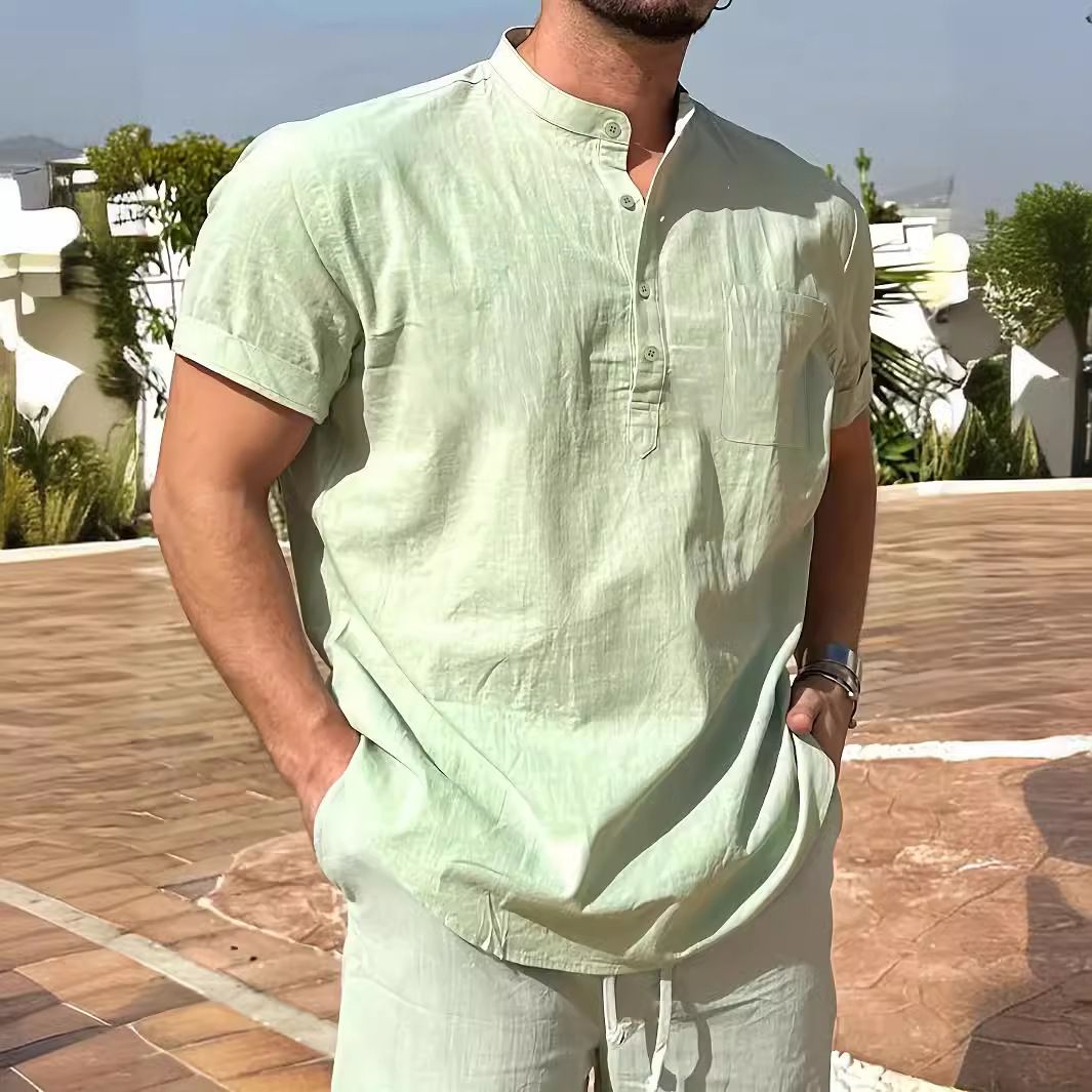 Men's Clothing Summer Hot Sale Men's Solid Color Casual T Shirt Short Sleeve Stand Collar Versatile Shirt_viptrois.com