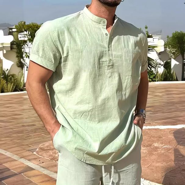 Men's Clothing Summer Hot Sale Men's Solid Color Casual T Shirt Short Sleeve Stand Collar Versatile Shirt_viptrois.com