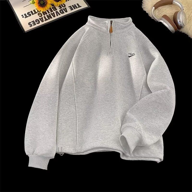 Spring New Minimalist Gray Stand Up Collar Sweatshirt For Men's Street Hooligans And Handsome Half Zip Pullover Jacket_viptrois.com