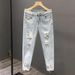 Men's Clothing Summer New Ripped Nine Point Pants Fashion Brand Jeans Slim Fit Cuffed Pants Light Color Pants_viptrois.com