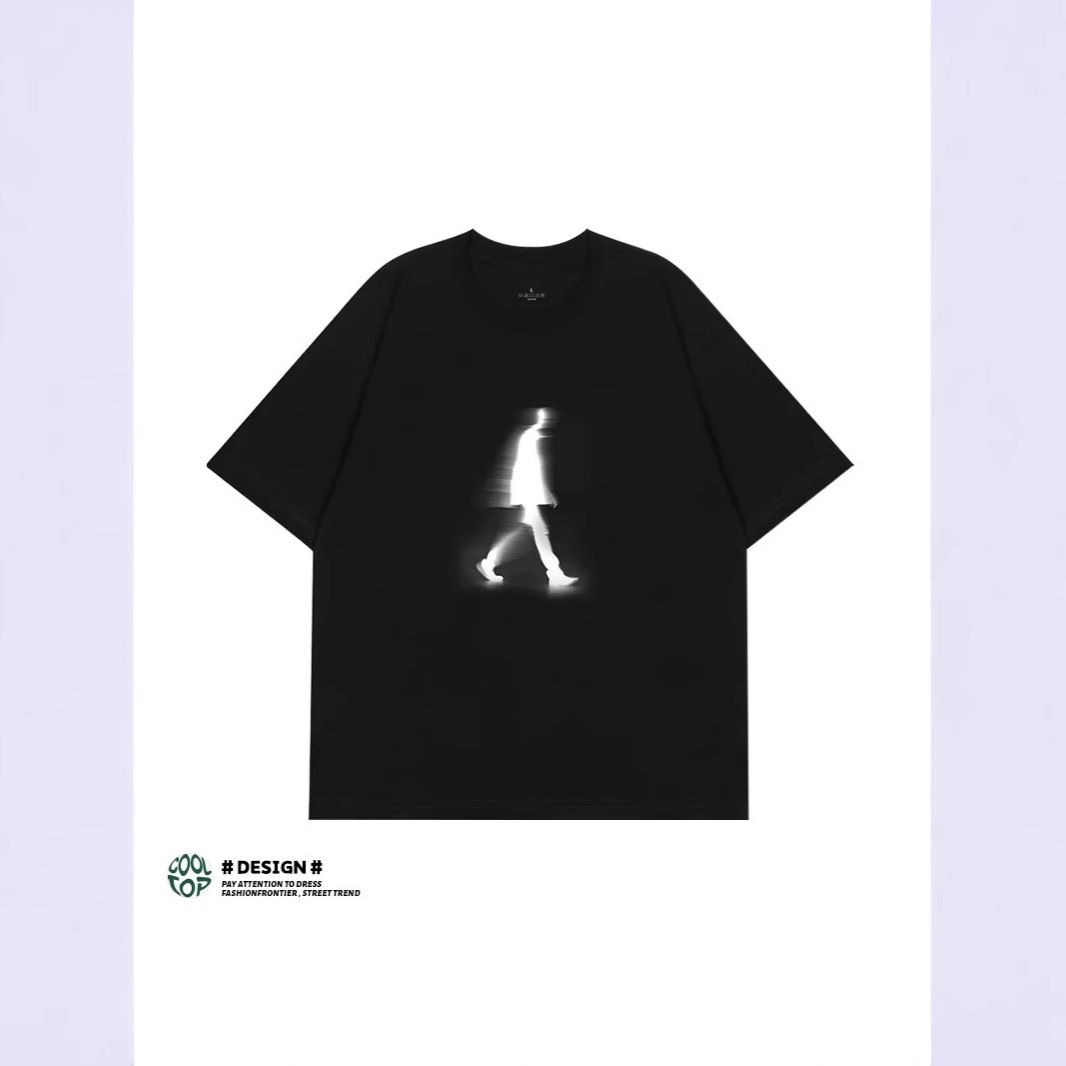 Unisex Heavyweight Pure Cotton T-Shirt Short Sleeved Unique Design High Street Style Loose Fit Blurry Image Print_viptrois.com