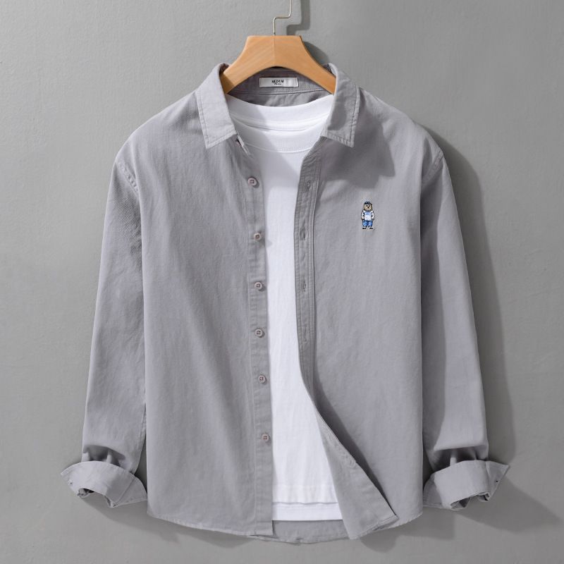Men's Clothing Spring And Autumn Casual Pure Cotton Long Sleeved Shirt Versatile Bear Embroidery Trendy Loose Shirt_viptrois.com