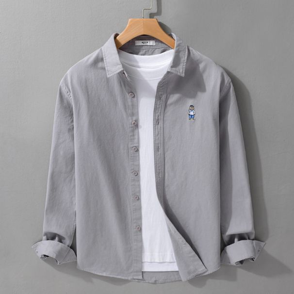 Men's Clothing Spring And Autumn Casual Pure Cotton Long Sleeved Shirt Versatile Bear Embroidery Trendy Loose Shirt_viptrois.com