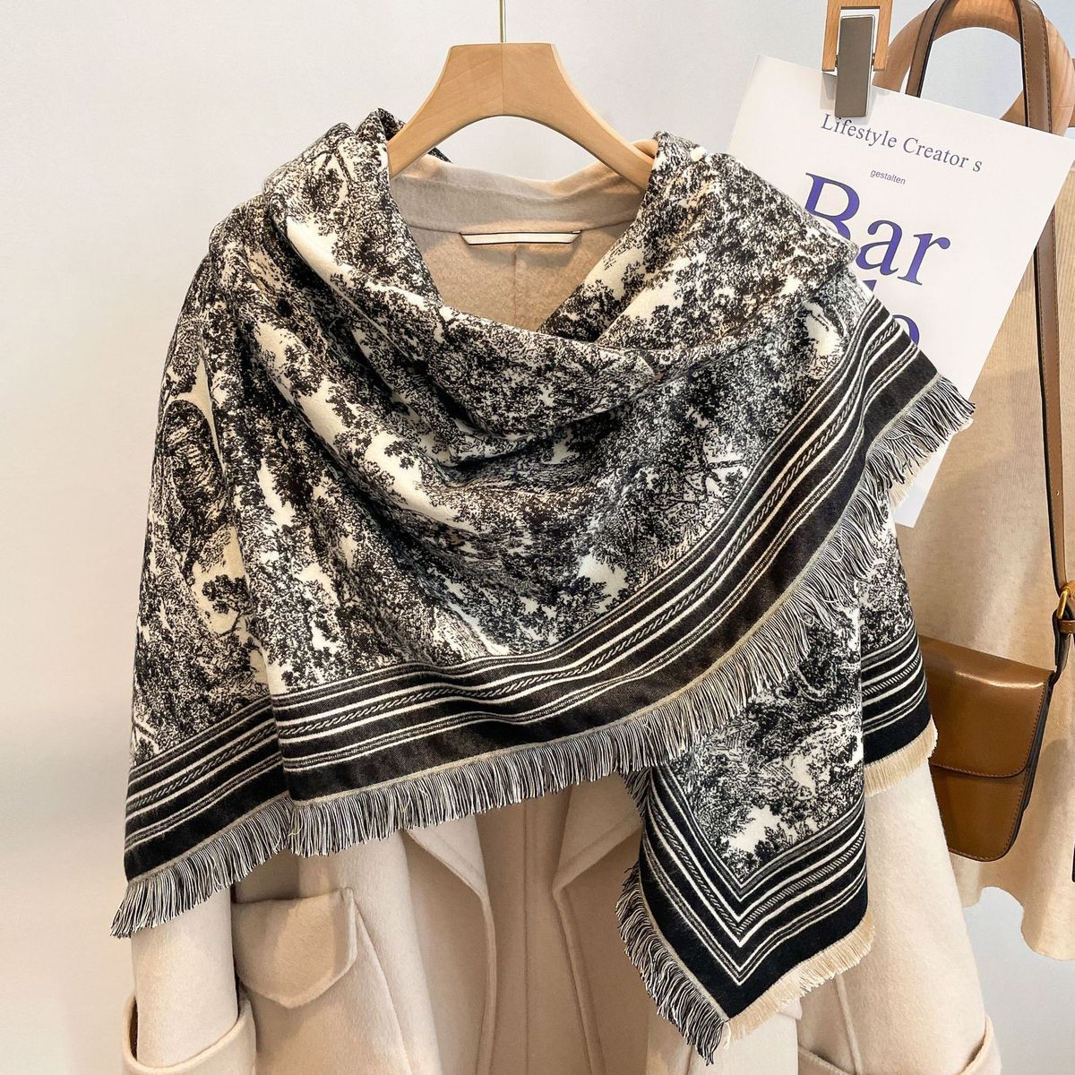 Women's Scarves Tassel Large Square Scarf Women's Lijiang Travel Photograph Warm Cashmere Scarf Thick Dual-use Shawl_viptrois.com