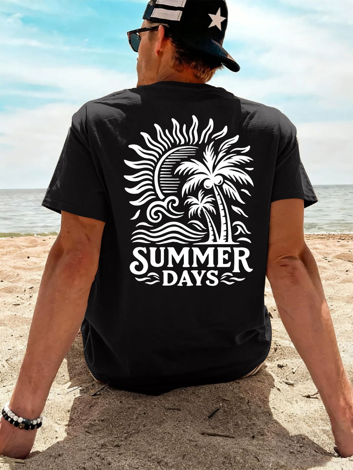 Herren Baumwoll Rundhals Kurzarm T-Shirt, Sommer Wellen Palmen Druck Design, Casual Strandurlaub Stil Kurzarm Für Den Täglichen Tragen_viptrois.com