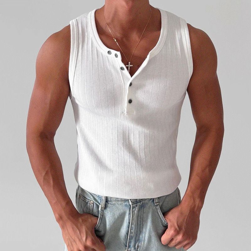 Men's Clothing Casual Henley Collar Sleeveless Vest Summer New Hot Selling Sports Fitness Waistcoat Men's Wear_viptrois.com