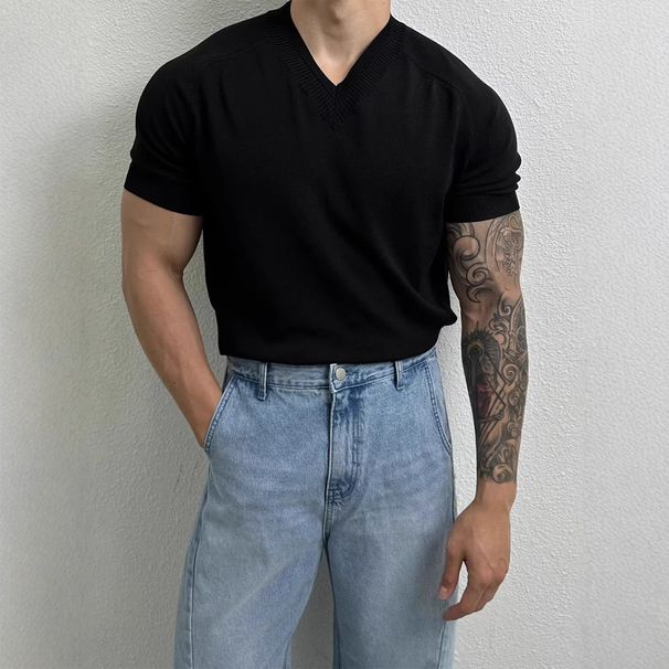 Men's Summer American Cool V Neck Knitted Short Sleeved Ice Silk Short Sleeved Thin T Shirt Retro Bottoming Business Breathable Spring And Summer_viptrois.com