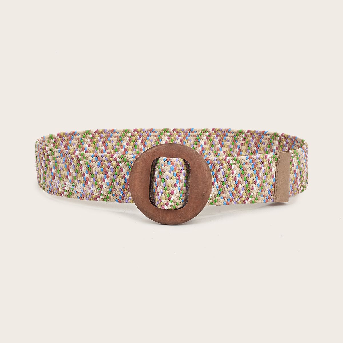 Women's Belts Summer PP Straw Woven Elastic Colorful Wooden Square Buckle Belt Webbing_viptrois.com