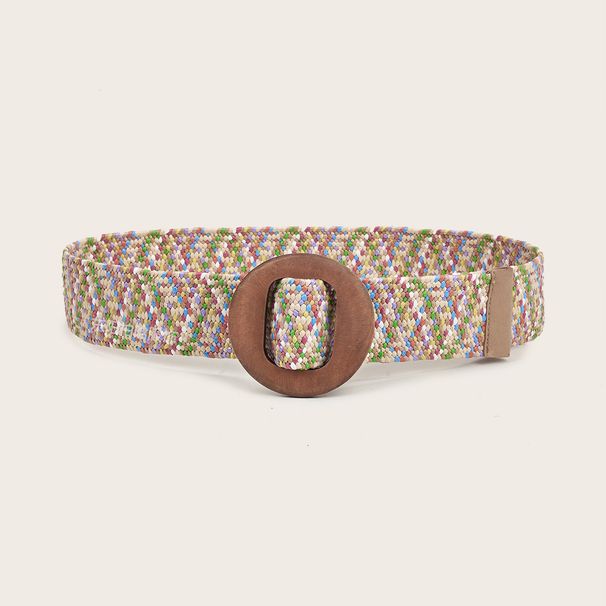 Women's Belts Summer PP Straw Woven Elastic Colorful Wooden Square Buckle Belt Webbing_viptrois.com
