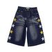 Men's High Waist Relaxed Fit Denim Shorts With Vintage Faded Starfish Print, Casual Wide Leg Cropped Beach Trousers_viptrois.com
