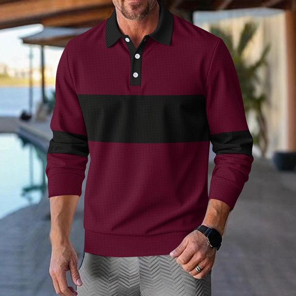 Men’s Long Sleeve Waffle Knit Polo Shirt – Color-Block Collar, Button-Up Casual T-Shirt (S-XXXL, Polyester Blend, Relaxed Fit, Machine Washable)_viptrois.com