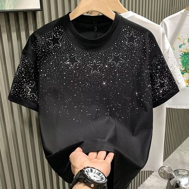 Men's Clothing Round Neck Short Sleeved T Shirt For Men With Star Studded Hot Diamonds, Slim Fit Short Bottoming Shirt With Half Sleeves_viptrois.com