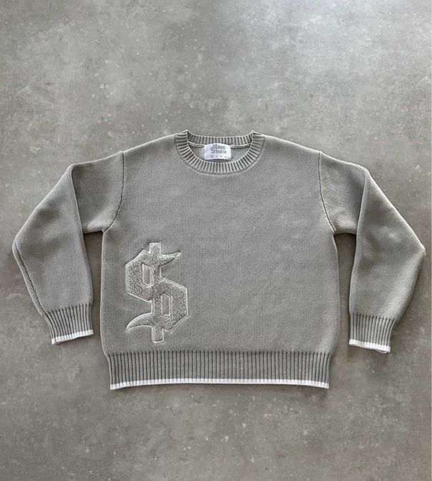 Y2K Grey Long Sleeve Sweater Dollar Gothic Embroidery Pullover Goth Retro Casual Streetwear Old Money Men Boxy Knitted Clothing_viptrois.com