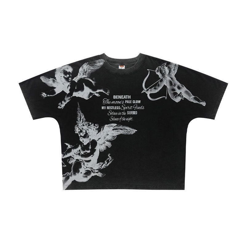 American-style Little Angel Full-Print Washed Vintage Loose Fit One-Piece Cut Short Sleeve T-Shirt_viptrois.com