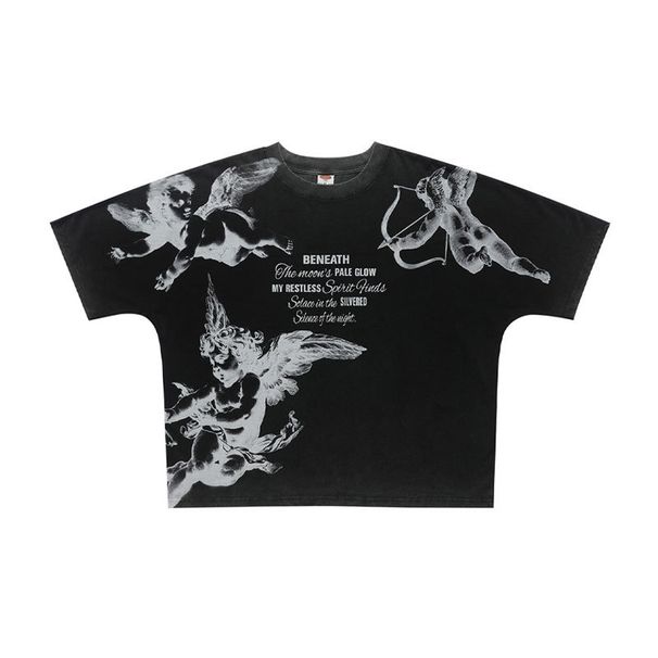 American-style Little Angel Full-Print Washed Vintage Loose Fit One-Piece Cut Short Sleeve T-Shirt_viptrois.com